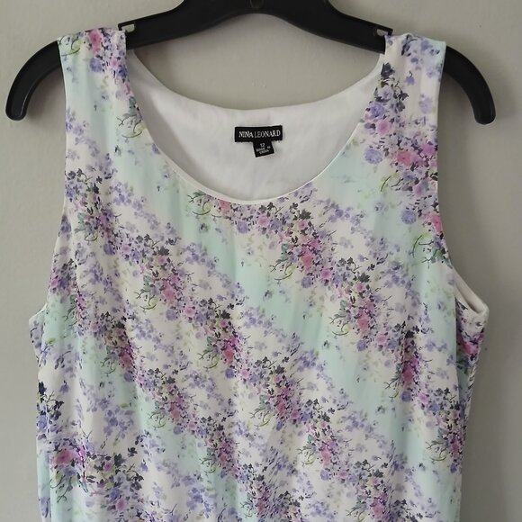 Nina Leonard Size 12 Sleeveless Midi Layered Ruffle Hem Dress Floral Blue Pink - Picture 2 of 16